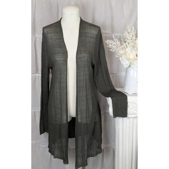 Eileen Fisher Dark Green Sheer Hemp Blend Open Front Cardigan Quiet Luxury L - Picture 2 of 8